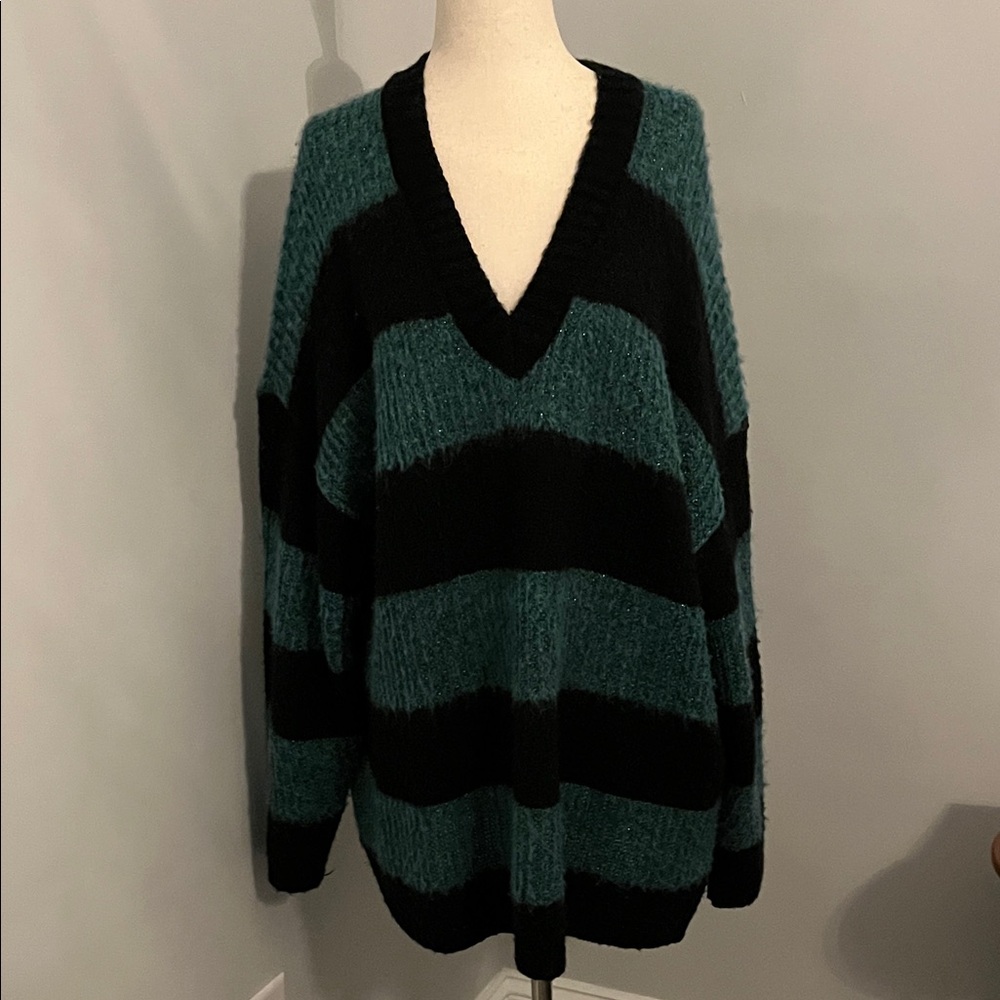 All Saints V-Neck Sweater - Black and Green Stripes Super Oversized